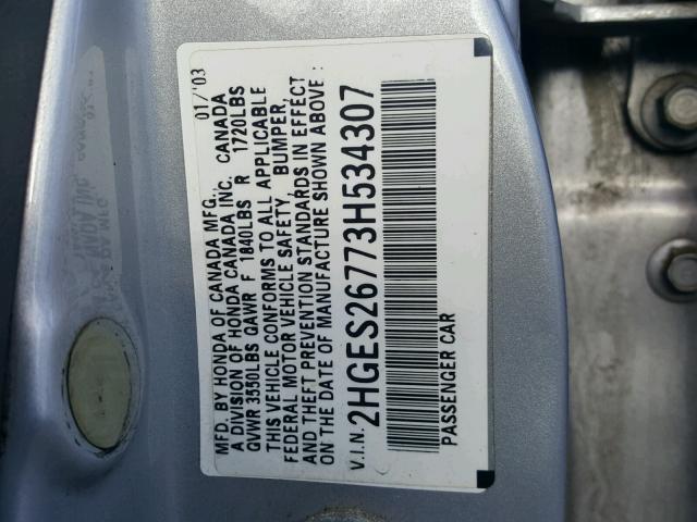 2HGES26773H534307 - 2003 HONDA CIVIC EX SILVER photo 10