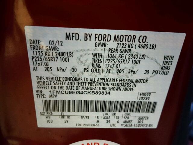 1FMCU9EG4CKB89834 - 2012 FORD ESCAPE LIM RED photo 10