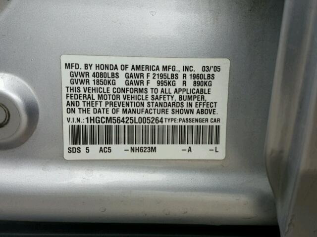 1HGCM56425L005264 - 2005 HONDA ACCORD LX SILVER photo 10