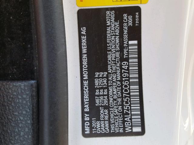 WBALZ5C57CC619749 - 2012 BMW 650 XI WHITE photo 10