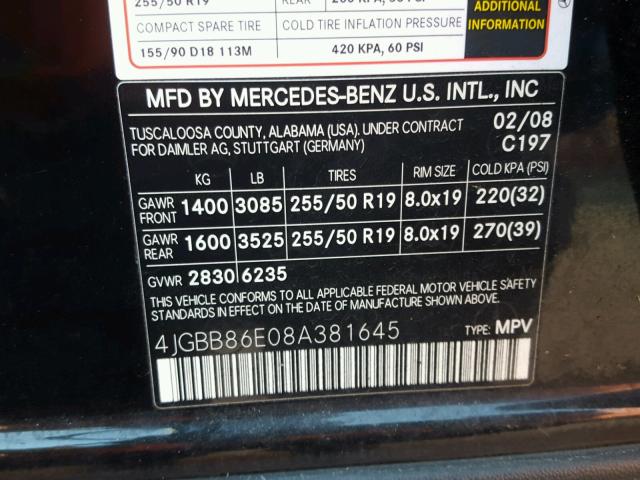 4JGBB86E08A381645 - 2008 MERCEDES-BENZ ML 350 BLACK photo 10