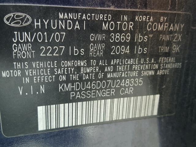 KMHDU46D07U248335 - 2007 HYUNDAI ELANTRA GL BLUE photo 10