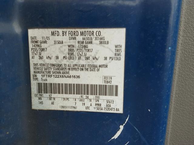 1FTRF122X6NA61636 - 2006 FORD F150 BLUE photo 10