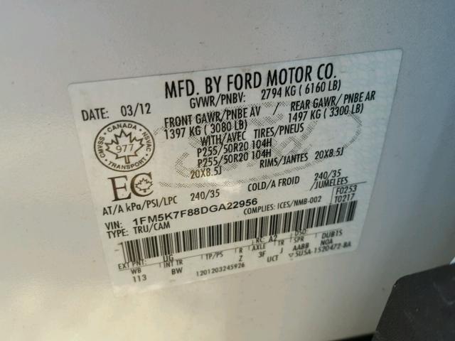 1FM5K7F88DGA22956 - 2013 FORD EXPLORER L WHITE photo 10