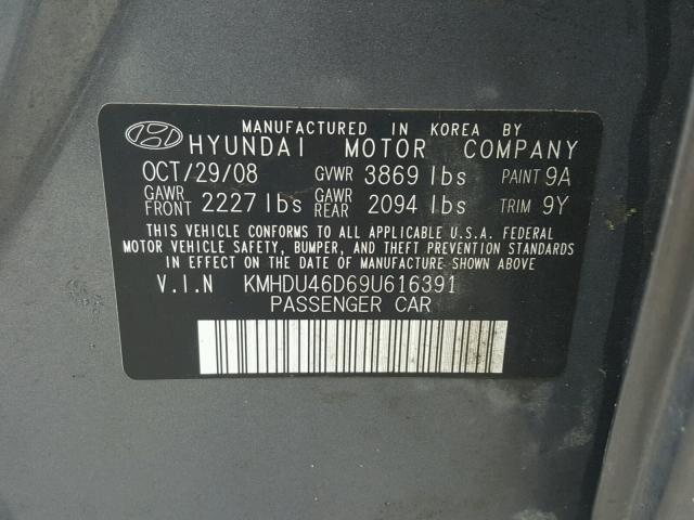 KMHDU46D69U616391 - 2009 HYUNDAI ELANTRA GL GRAY photo 10