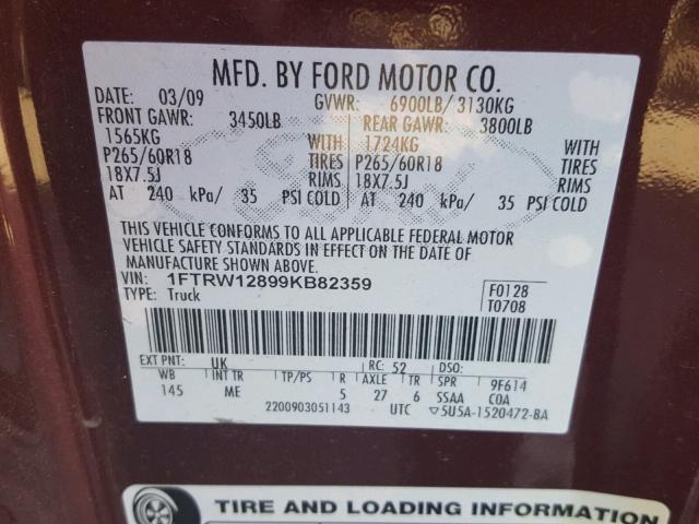 1FTRW12899KB82359 - 2009 FORD F150 SUPER MAROON photo 10