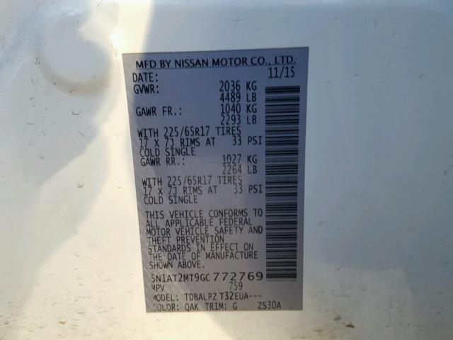 5N1AT2MT9GC772769 - 2016 NISSAN ROGUE S WHITE photo 10