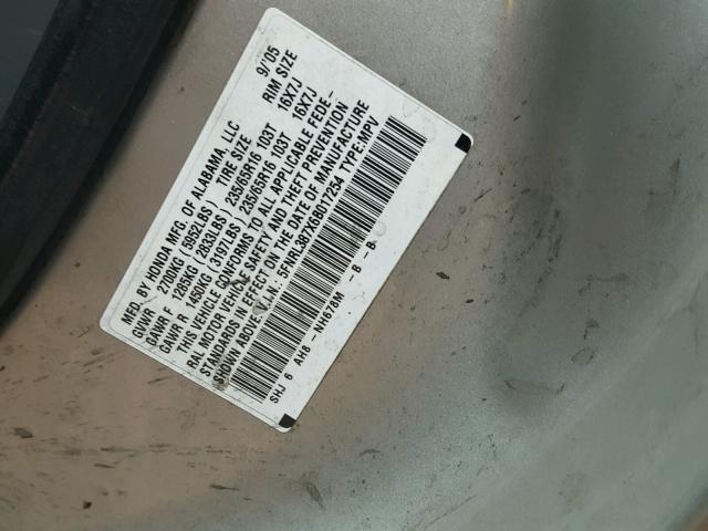 5FNRL387X6B017254 - 2006 HONDA ODYSSEY EX SILVER photo 10