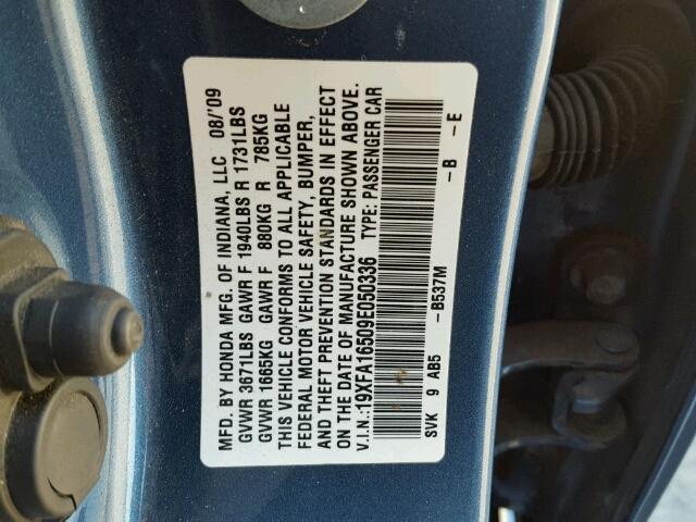 19XFA16509E050336 - 2009 HONDA CIVIC LX BLUE photo 10