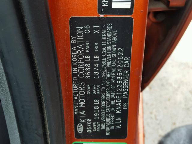 KNADE123986420622 - 2008 KIA RIO BASE ORANGE photo 10