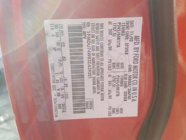 1FMDU74W83ZA39301 - 2003 FORD EXPLORER E MAROON photo 10