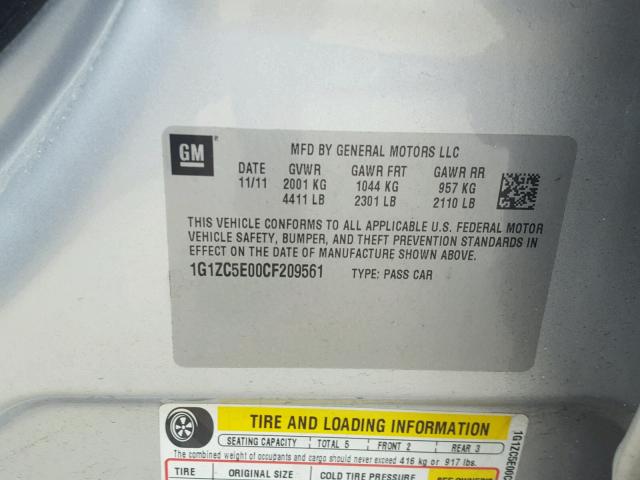 1G1ZC5E00CF209561 - 2012 CHEVROLET MALIBU 1LT 银色 照片 10