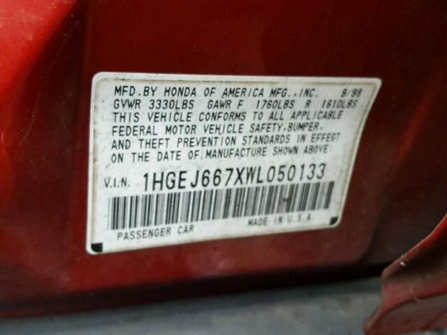 1HGEJ667XWL050133 - 1998 HONDA CIVIC LX RED photo 10