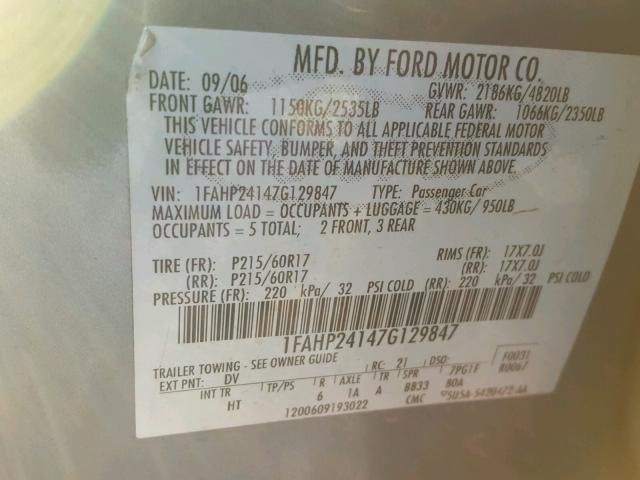 1FAHP24147G129847 - 2007 FORD FIVE HUNDR GREEN photo 10