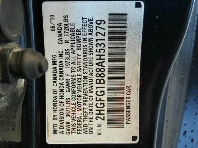 2HGFG1B88AH531279 - 2010 HONDA CIVIC EX BLACK photo 10