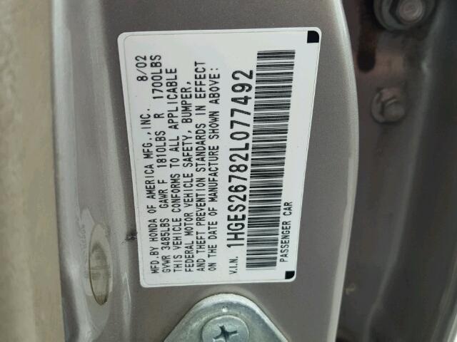 1HGES26782L077492 - 2002 HONDA CIVIC EX TAN photo 10