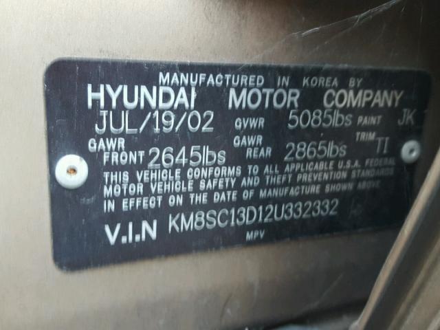 KM8SC13D12U332332 - 2002 HYUNDAI SANTA FE G GOLD photo 10