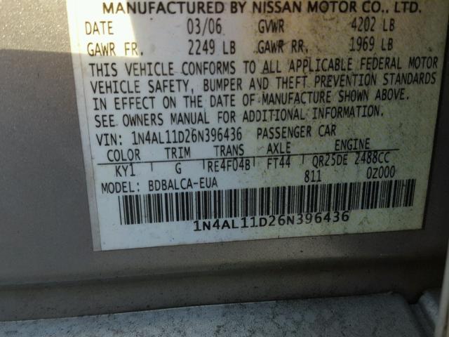 1N4AL11D26N396436 - 2006 NISSAN ALTIMA S SILVER photo 10