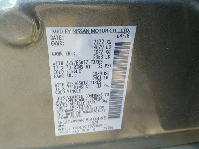 5N1AT2MV9GC830445 - 2016 NISSAN ROGUE S GRAY photo 10