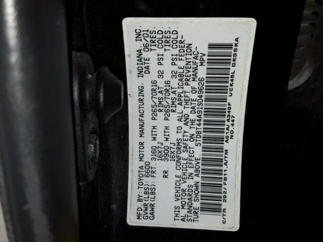 5TDBT44A91S049626 - 2001 TOYOTA SEQUOIA SR BLACK photo 10