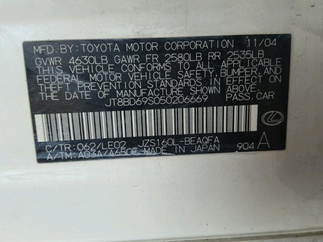 JT8BD69S050206669 - 2005 LEXUS GS 300 WHITE photo 10