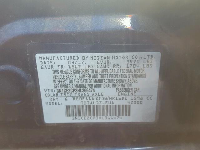 3N1CE2CP3HL366474 - 2017 NISSAN VERSA NOTE BLUE photo 10