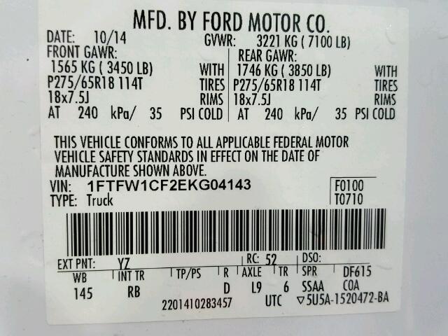 1FTFW1CF2EKG04143 - 2014 FORD F150 SUPER WHITE photo 10