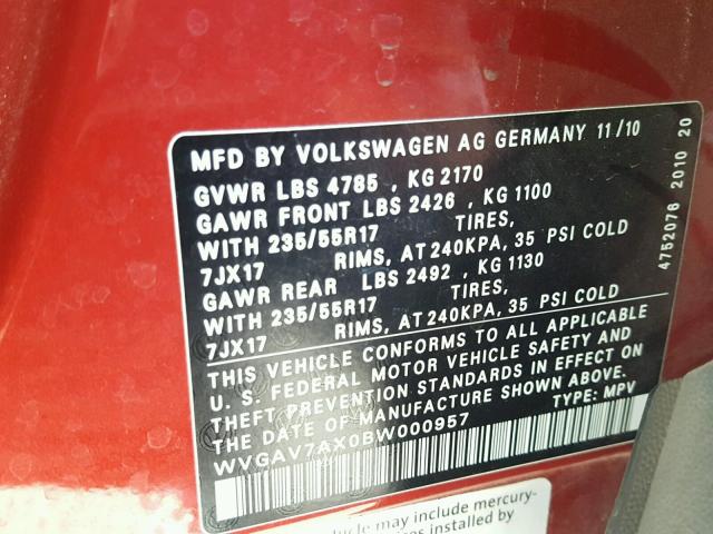 WVGAV7AX0BW000957 - 2011 VOLKSWAGEN TIGUAN S RED photo 10