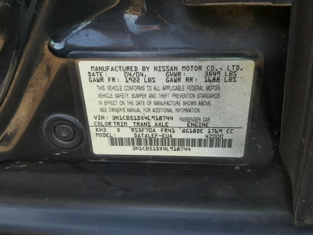 3N1CB51DX4L918744 - 2004 NISSAN SENTRA 1.8 BLACK photo 10