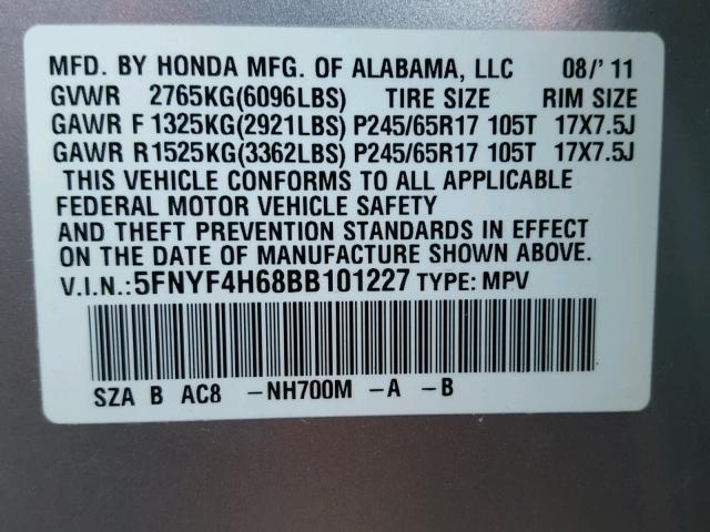 5FNYF4H68BB101227 - 2011 HONDA PILOT EXL GRAY photo 10