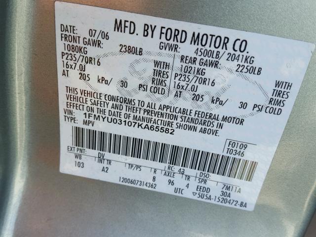 1FMYU03107KA65582 - 2007 FORD ESCAPE XLT GREEN photo 10