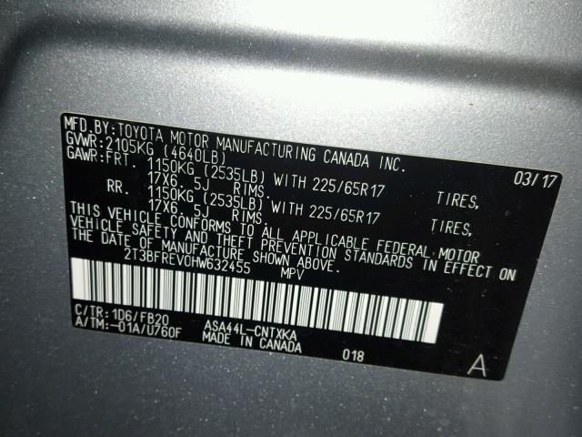 2T3BFREV0HW632455 - 2017 TOYOTA RAV4 LE Boz foto 10