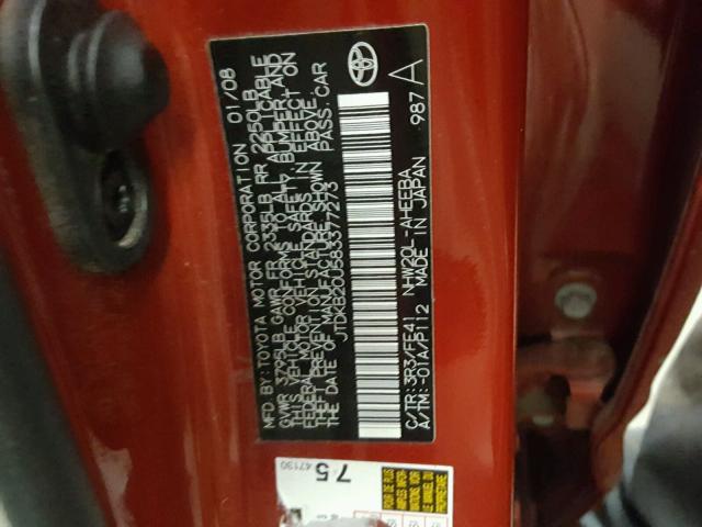 JTDKB20U583377273 - 2008 TOYOTA PRIUS RED photo 10