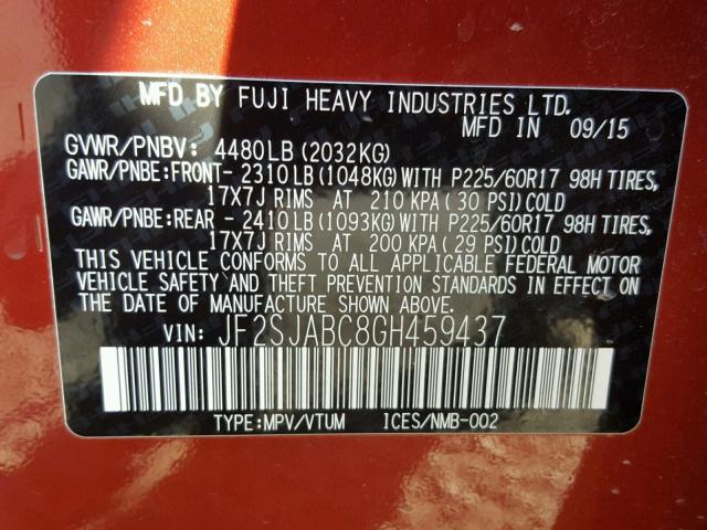 JF2SJABC8GH459437 - 2016 SUBARU FORESTER 2 RED photo 10