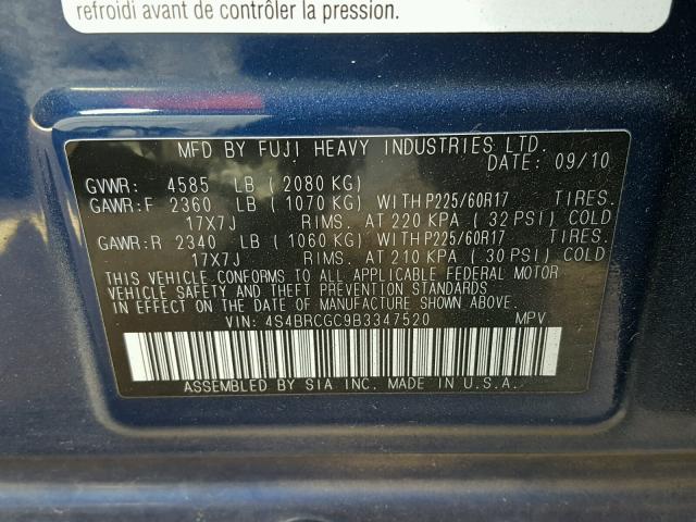 4S4BRCGC9B3347520 - 2011 SUBARU OUTBACK 2. BLUE photo 10