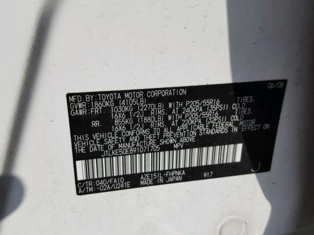 JTLKE50E891071705 - 2009 TOYOTA SCION XB Ақ фото 10