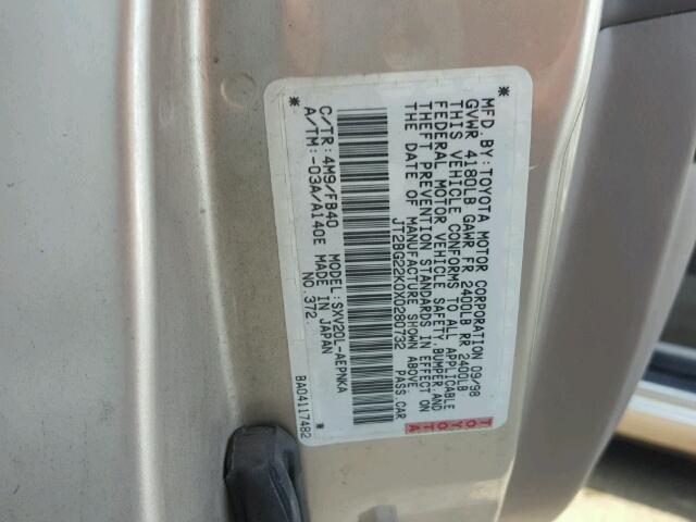 JT2BG22K0X0280732 - 1999 TOYOTA CAMRY LE თაფლისფერი ფოტო 10