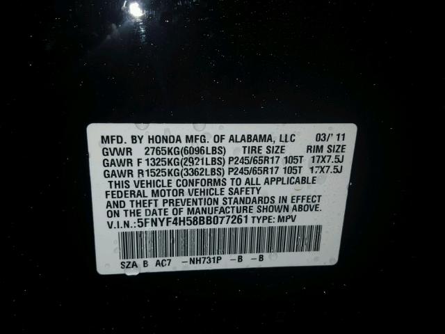 5FNYF4H58BB077261 - 2011 HONDA PILOT EXL BLACK photo 10