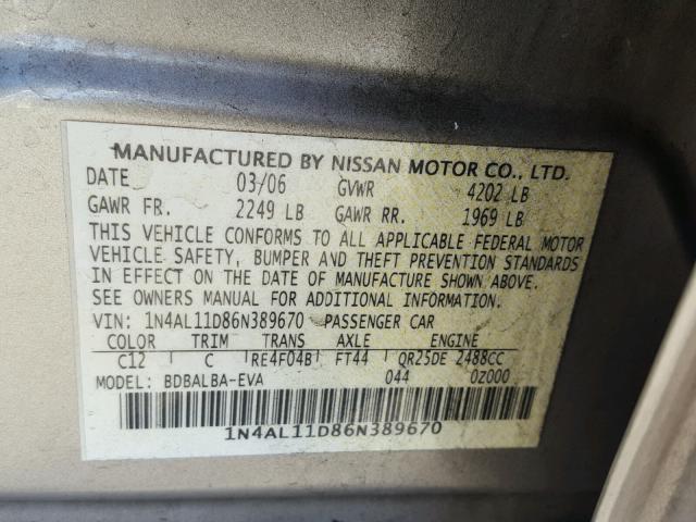 1N4AL11D86N389670 - 2006 NISSAN ALTIMA S GOLD photo 10