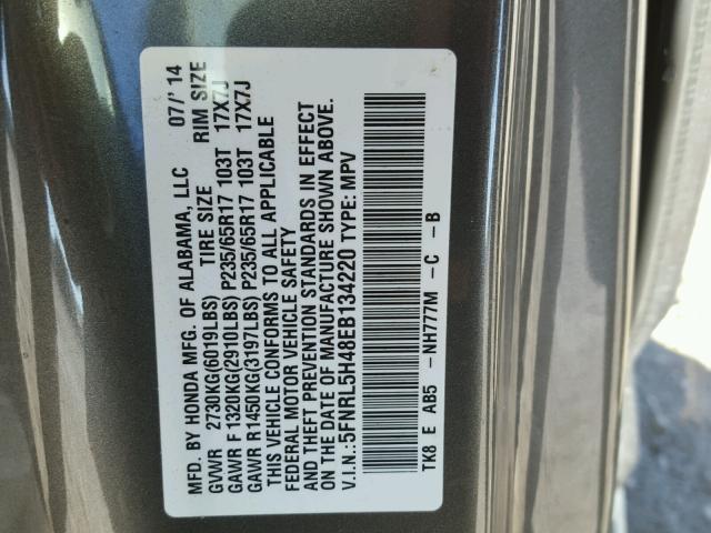 5FNRL5H48EB134220 - 2014 HONDA ODYSSEY EX GRAY photo 10