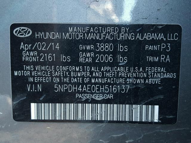 5NPDH4AE0EH516137 - 2014 HYUNDAI ELANTRA SE GRAY photo 10