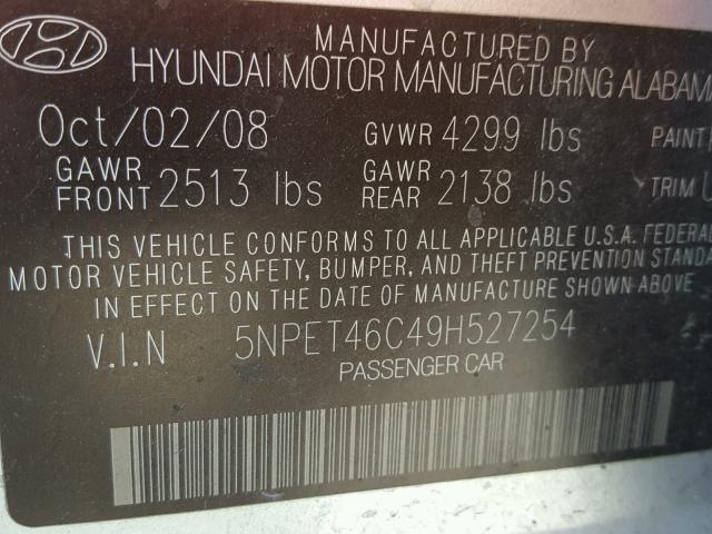 5NPET46C49H527254 - 2009 HYUNDAI SONATA GLS GRAY photo 10