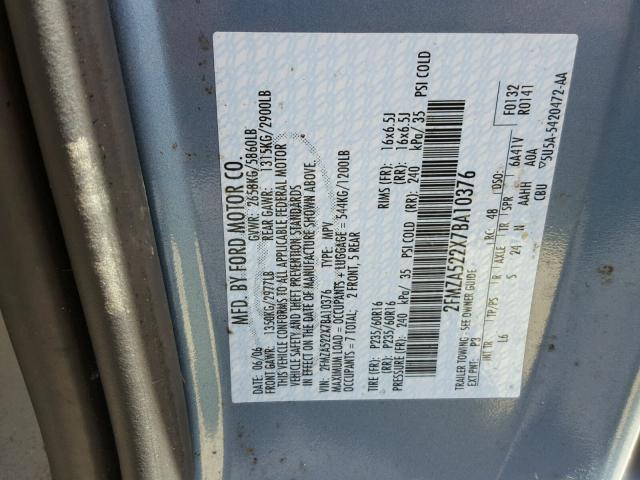 2FMZA522X7BA10376 - 2007 FORD FREESTAR S BLUE photo 10