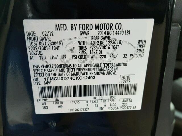 1FMCU0D74CKC12493 - 2012 FORD ESCAPE XLT BLACK photo 10