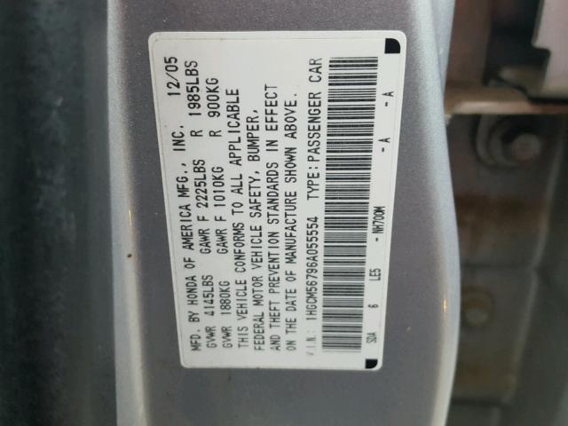 1HGCM56796A055554 - 2006 HONDA ACCORD EX SILVER photo 10