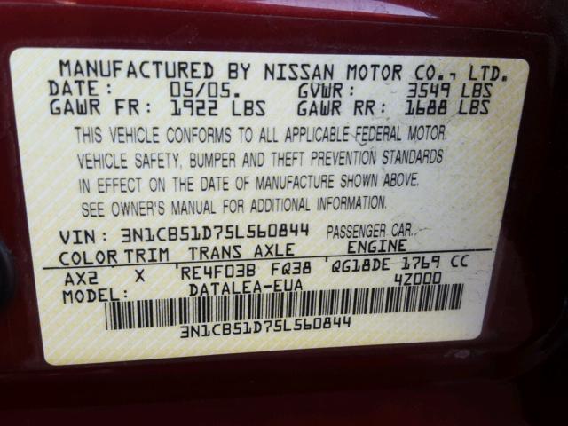 3N1CB51D75L560844 - 2005 NISSAN SENTRA 1.8 RED photo 10