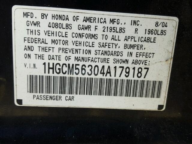 1HGCM56304A179187 - 2004 HONDA ACCORD LX BLACK photo 10