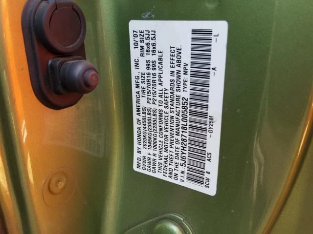 5J6YH28718L005852 - 2008 HONDA ELEMENT EX GREEN photo 10