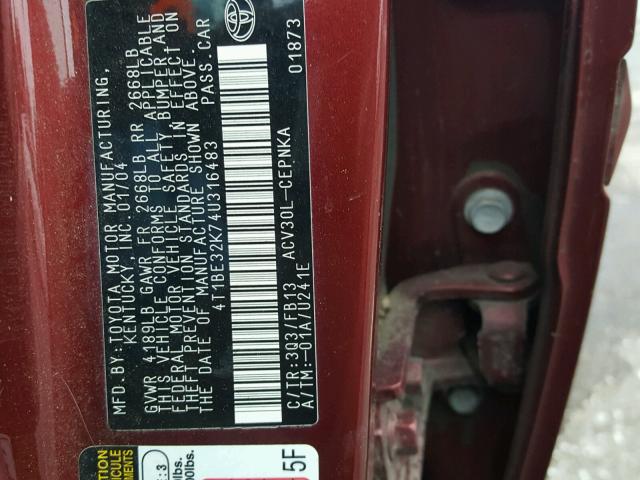 4T1BE32K74U316483 - 2004 TOYOTA CAMRY LE RED photo 10