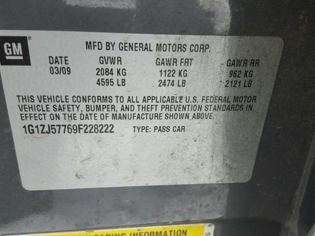 1G1ZJ57769F228222 - 2009 CHEVROLET MALIBU 2LT GRAY photo 10